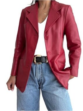 Vintage Y2K Brandon Thomas Crimson Red Leather Blazer Jacket Coat